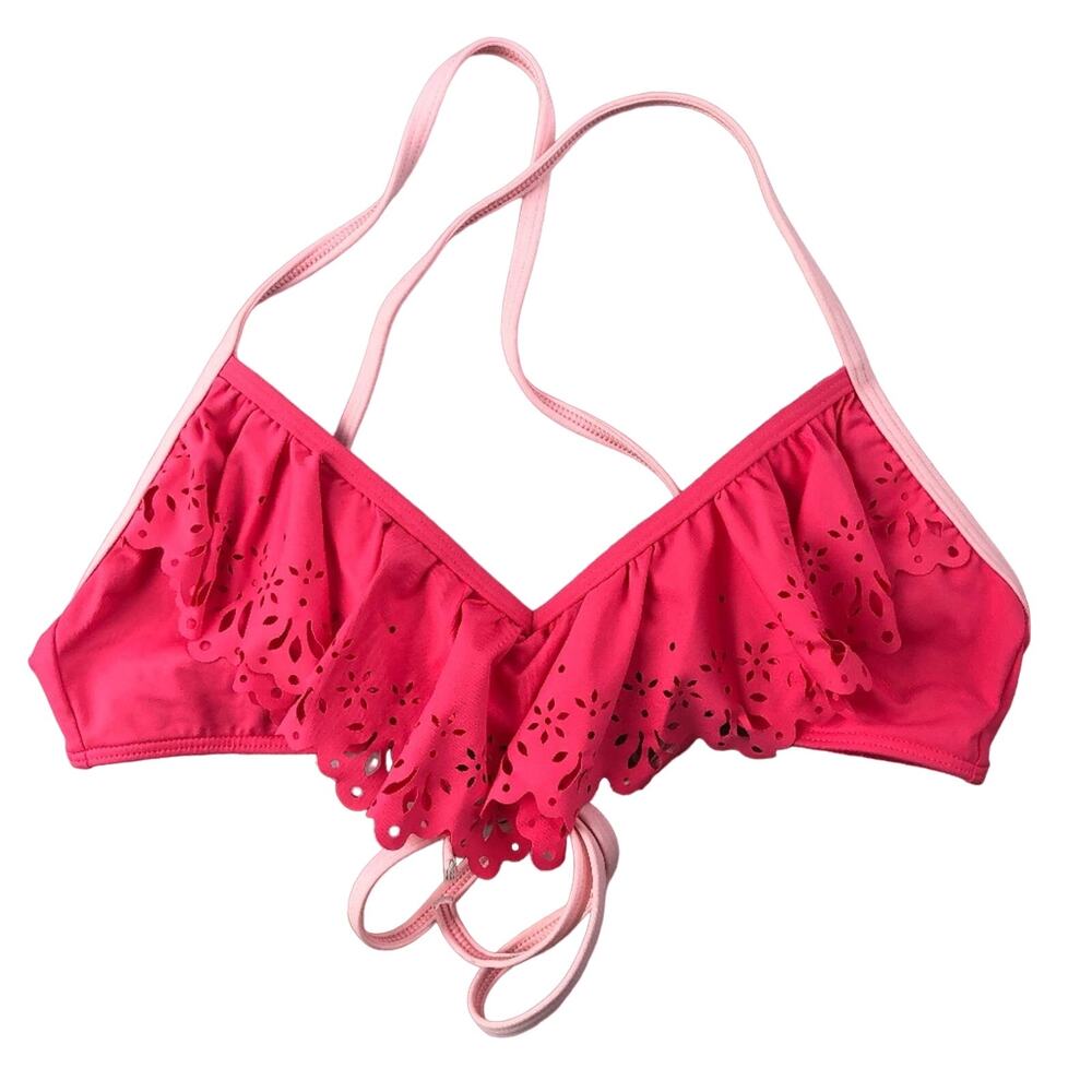 Abercrombie & Fitch Hot Pink Floral Scallop Ruffle String Bikini Swim Suit Top